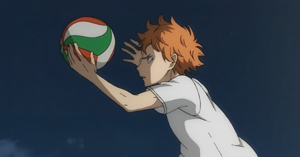 Shoyo Hinata grabbing the volley ball in Haikyuu
