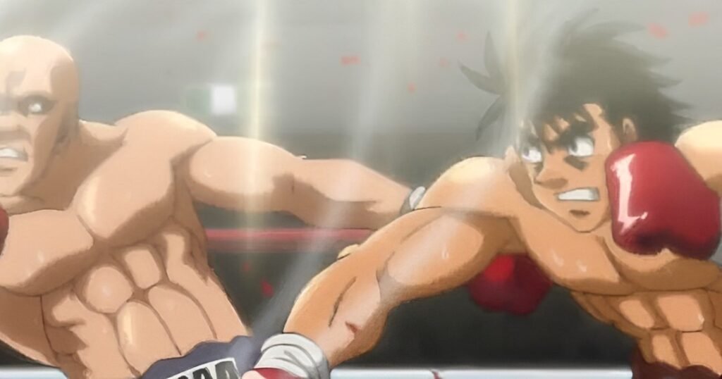 Ippo Makunouchi taking down Nao in a boxing match in Hajime no Ippo